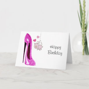 Tarjeta Stiletto rosa y arte de cerdo volador