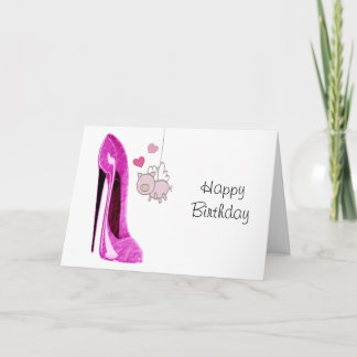Tarjeta Stiletto rosa y arte de cerdo volador