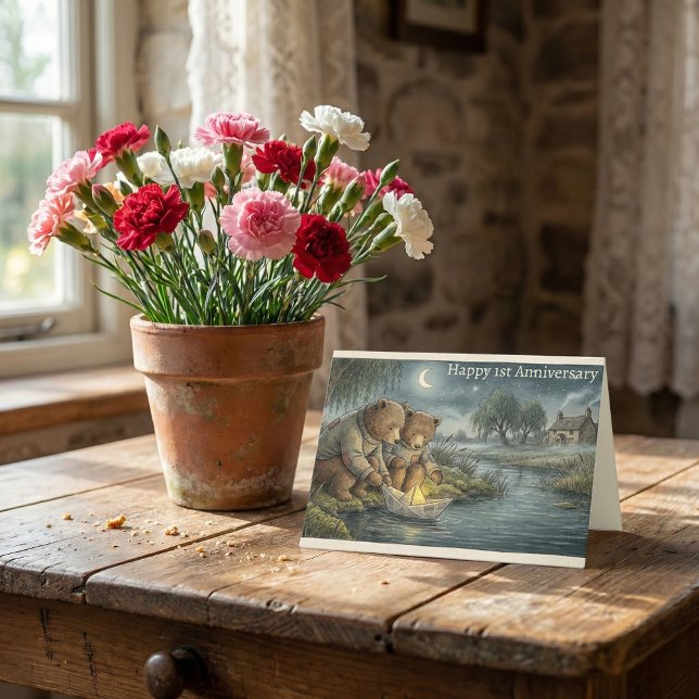 Tarjeta Storybook Bears Paper Boat | 1st Anniversary (Happy 1st Wedding Anniversary Cottagecore storybook bear & paper boat illustration greeting card)