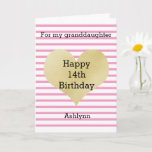 Tarjeta Striped Pink and Gold 14th Birthday Granddaughter<br><div class="desc">A pretty pink striped 14th birthday granddaughter card. You can easily personalize the age and name on the front of the card. The inside daughter birthday message can also be personalized if wanted. The back of this pretty birthday card also features the gold heart and pink stripes with a happy...</div>