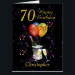 Tarjeta Stylish 70th Birthday  Black Gold Big<br><div class="desc">A Big stylish Happy birthday 70th age card. This bright jumbo sized card features an ice bucket with bottle, flute glasses balloons, and confetti all on a black background with gold colored text. The large card gives plenty of room for family, friends and work colleagues to sign inside with their...</div>