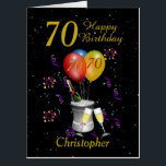 Tarjeta Stylish 70th Birthday  Black Gold Big<br><div class="desc">A Big stylish Happy birthday 70th age card. This bright jumbo sized card features an ice bucket with bottle, flute glasses balloons, and confetti all on a black background with gold colored text. The large card gives plenty of room for family, friends and work colleagues to sign inside with their...</div>