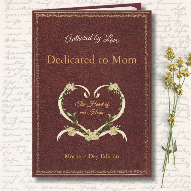 Tarjeta Stylish and Unique Mother's Day Storybook Photo (Heirloom Brown Printed Leather Storybook Mother's Day Card. Vintage Cover with Heart Wreath.)