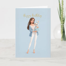 Tarjeta Stylish Girl in Blue Lace w/ Cute Bunny BDay