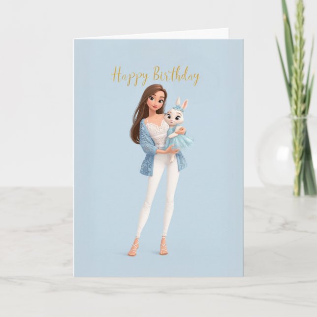 Tarjeta Stylish Girl in Blue Lace w/ Cute Bunny BDay (Anverso)