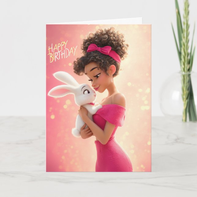 Tarjeta Stylish Girl in Hot Pink w/ White Bunny Birthday (Anverso)