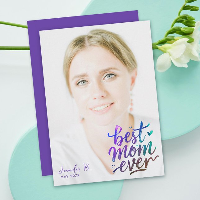 Tarjeta Stylish Purple Best Mothers Day Photo Brush Script (Subido por el creador)