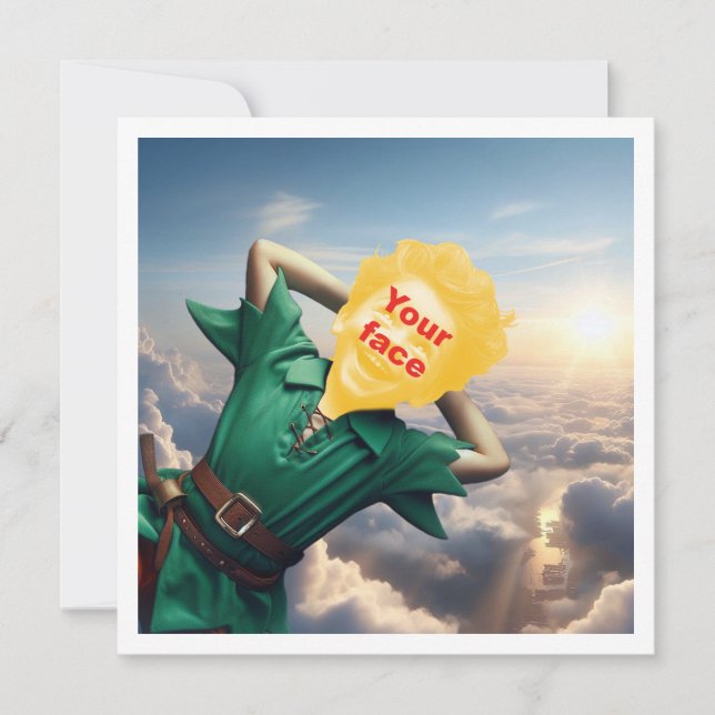 Tarjeta Su hijo como Peter Pan volando alto, cuento de had (Anverso)