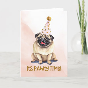 Tarjeta Su Pawty Time Pink Pug Watercolor
