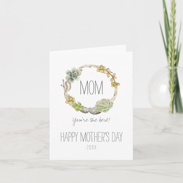 Tarjeta Suculentos, pelucas y piedras | Día de la madre (Anverso)