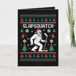 Tarjeta Sudadera fea de hockey Bigfoot Slapsquatch Navidad