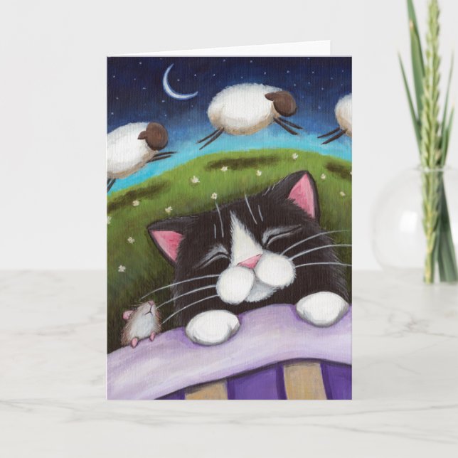 Tarjeta Sueño de oveja con gato y ratón durmiente - Tarjet (Anverso)