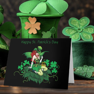 Tarjeta Suerte Verde Irlandés Hada Pelo Rojo Trébol