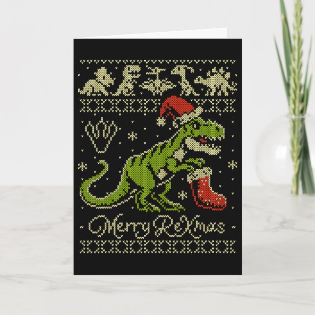 Tarjeta Suéter feo de Navidad de dinosaurio - Navidad dive (Anverso)