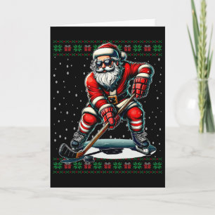 Tarjeta Suéter feo de Navidad de Papá Noel jugando hockey