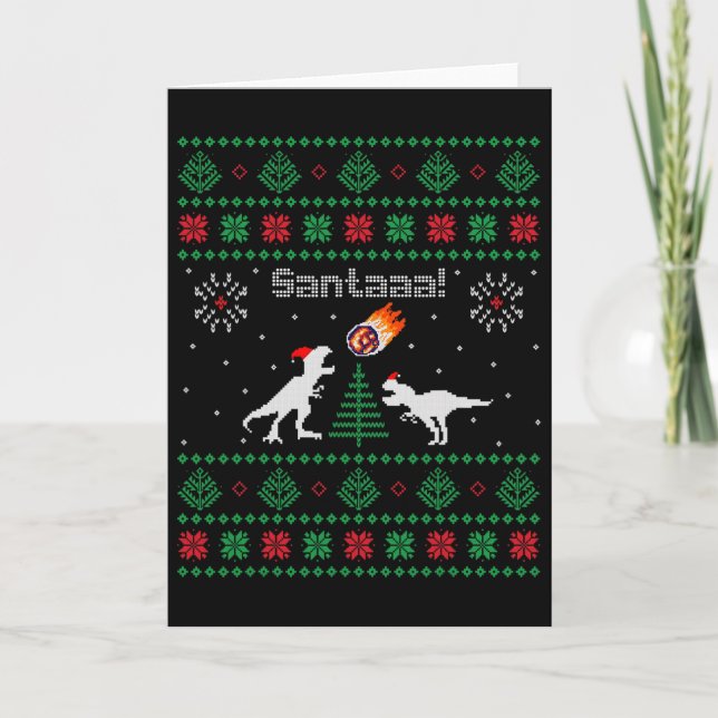 Tarjeta Suéter feo de Navidad de Santaaa Dinosaurio  (Anverso)