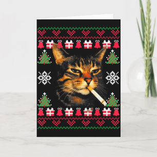 Tarjeta Suéter feo de Navidad divertido para gato fumando 