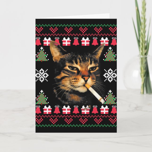 Tarjeta Suéter feo de Navidad divertido para gato fumando  (Anverso)