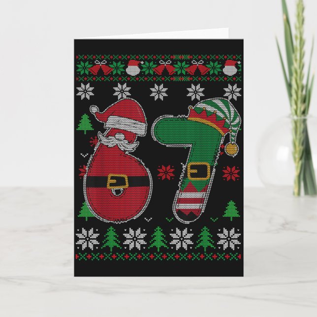 Tarjeta Suéter feo divertido 67 Meme 6 7 para Navidad niño (Anverso)