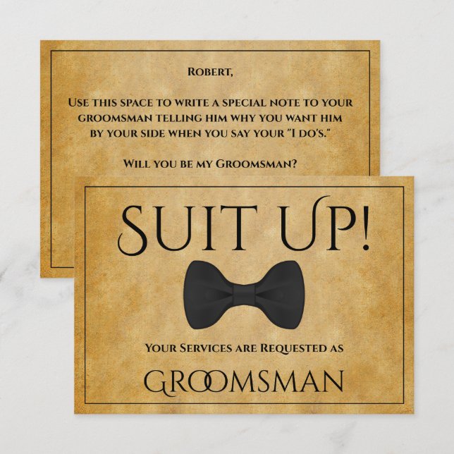Tarjeta Suit Up Be My Groomsman Faux Parchter Card (Anverso / Reverso)