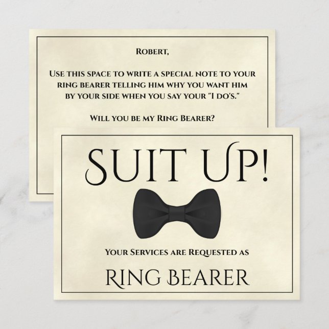 Tarjeta Suit Up Be My Ring Bearer Marble Ivory (Anverso / Reverso)