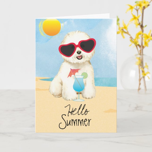 Tarjeta Summer Bichon Frise (flor amarilla)