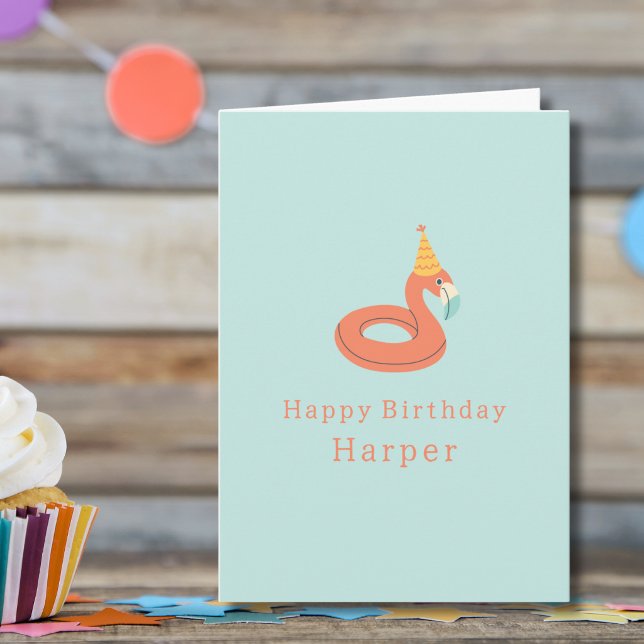 Tarjeta summer flamingo float kids birthday pool party (flamingo birthday pool party personalized custom name birthday card)