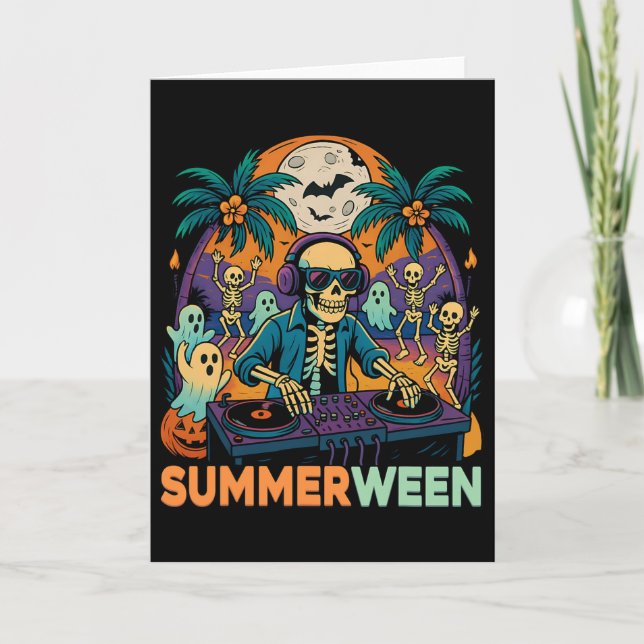 Tarjeta Summerween Dj Skeleton Beach Fiesta Halloween Musi (Anverso)