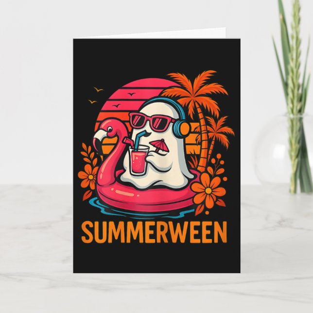 Tarjeta Summerween Funny Ghost Halloween Summer Flamingo B (Anverso)