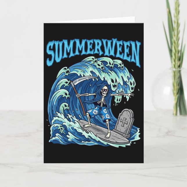 Tarjeta Summerween Skeleton Surf Grim Reaper Beach Spooky (Anverso)