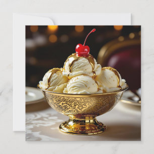Tarjeta Sundae de helado con jarabe de oro en blanco
