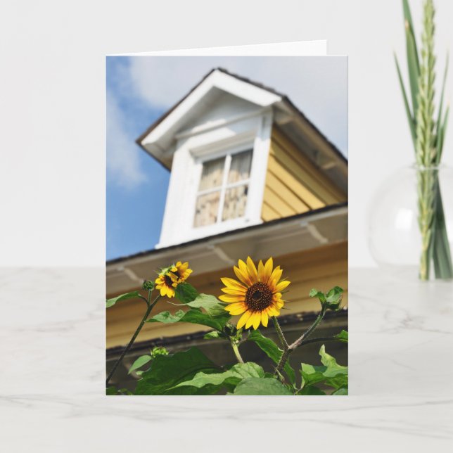 Tarjeta Sunflower House flores amarillas verano (Anverso)