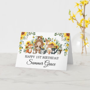 Tarjeta Sunflower Woodland Forest Animals Feliz cumpleaños