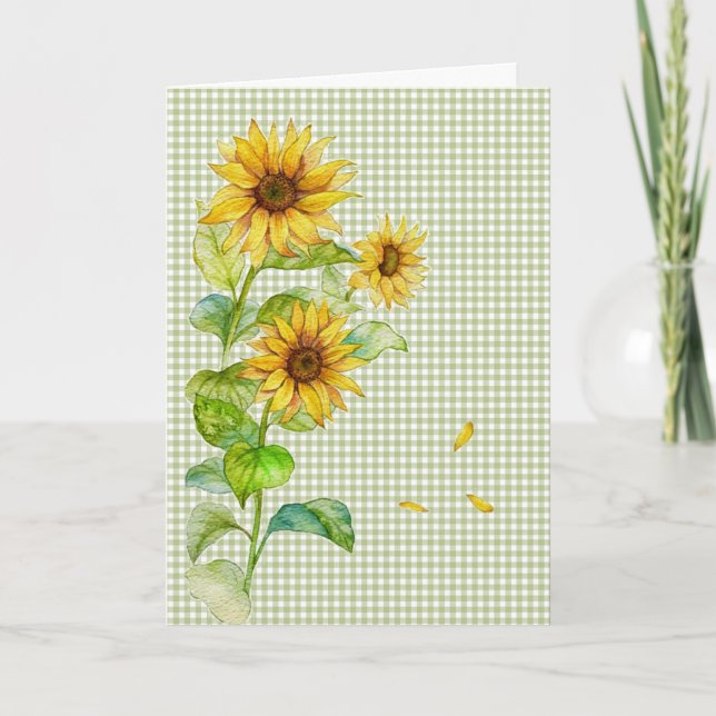 Tarjeta Sunflowers De Acuarela En Gingham (Anverso)