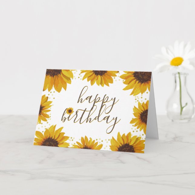 Tarjeta Sunflowers & Gold Dots Happy Birthday (Planta pequeña)