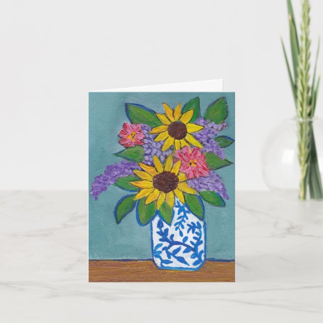 Tarjeta Sunflowers & Lilacs in Blue & White Vase (Anverso)