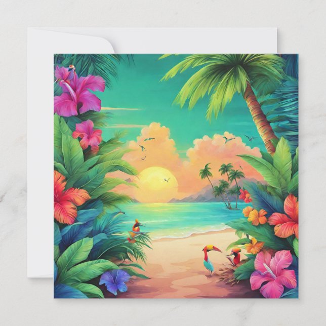 Tarjeta Sunset de playa tropical con flores de Hibiscus (Anverso)