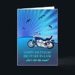 Tarjeta Sunset para motocicletas Brother in Law Bi<br><div class="desc">Feliz cumpleaños,  cuñado,  con una moto. Una tarjeta perfecta para un ciclista. Una moto azul con una puesta de sol estilizada y pájaros voladores. A cualquier aficionado a la bicicleta le encantará conseguir una tarjeta como esta.</div>