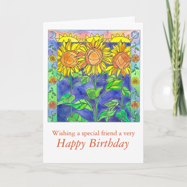 Tarjeta Sunset Watercolor Sunflowers Feliz cumpleaños Frie (Anverso)