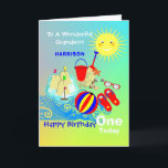 Tarjeta Sunshine Beach Theme Grandson Happy Birday<br><div class="desc">Un sol sonriente súper lindo sobre una escena costera de niños baldes y espacio a lo largo de un divertido castillo de arena; un diseño tan divertido y colorido y fácil de personalizar con un nombre,  edad y mensaje,  para ese toque especial extra sin coste adicional.</div>