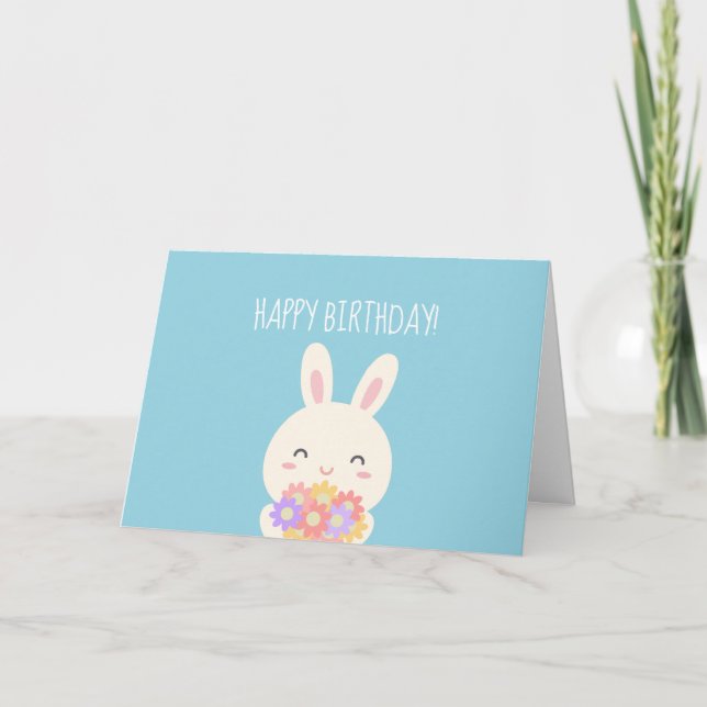 Tarjeta Super Cute Kawaii Bunny y Flores Feliz cumpleaños (Anverso)
