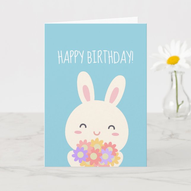Tarjeta Super Cute Kawaii Bunny y Flores Feliz cumpleaños (Planta pequeña)