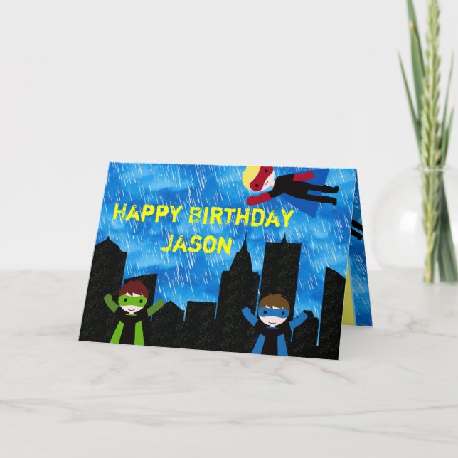 Tarjeta Super Hero Boys Bithday Fiesta (Anverso)