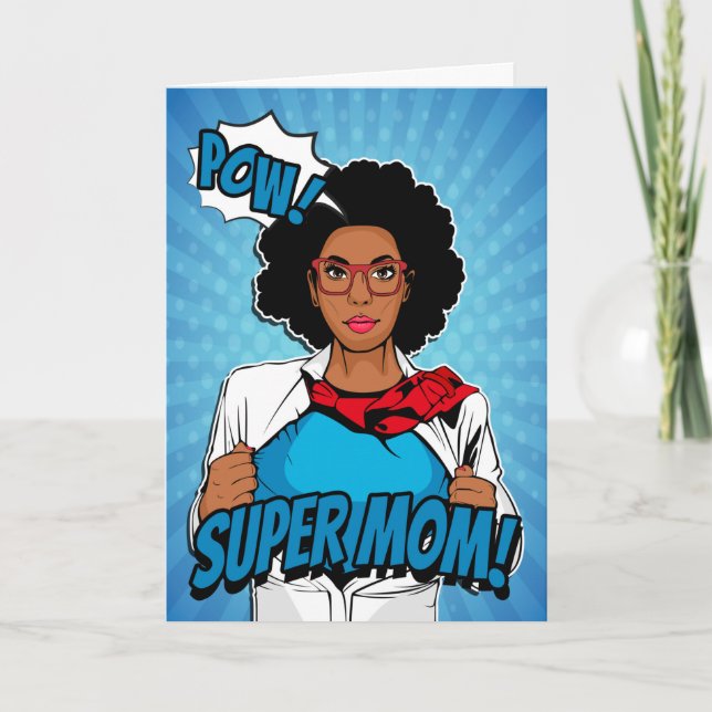 Tarjeta Super Mamá afroamericana por feliz día de la madre (Anverso)