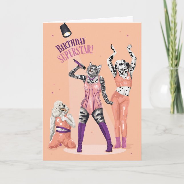 Tarjeta Superestrella del cumpleaños del gato y el perro (Anverso)