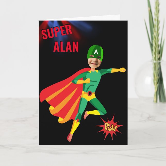 Tarjeta Superhero Green Flying Boy Amazing Fab Birthday  (Anverso)