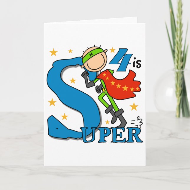Tarjeta Superhéroe Boy 4 camisetas y regalos de cumpleaños (Anverso)