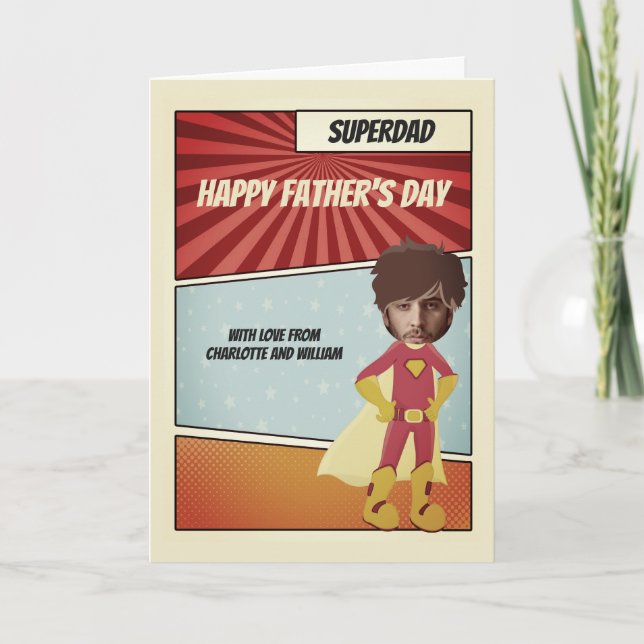Tarjeta Superhéroe cómico papá feliz día del padre persona (Anverso)
