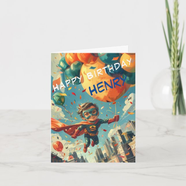 Tarjeta Superhéroe feliz diseño de cumpleaños para niños (Anverso)