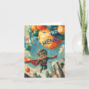 Tarjeta Superhéroe feliz diseño de cumpleaños para niños